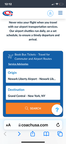 在coachusa网站上预订车票 - 步骤1 输入您的出发地和目的地详细信息